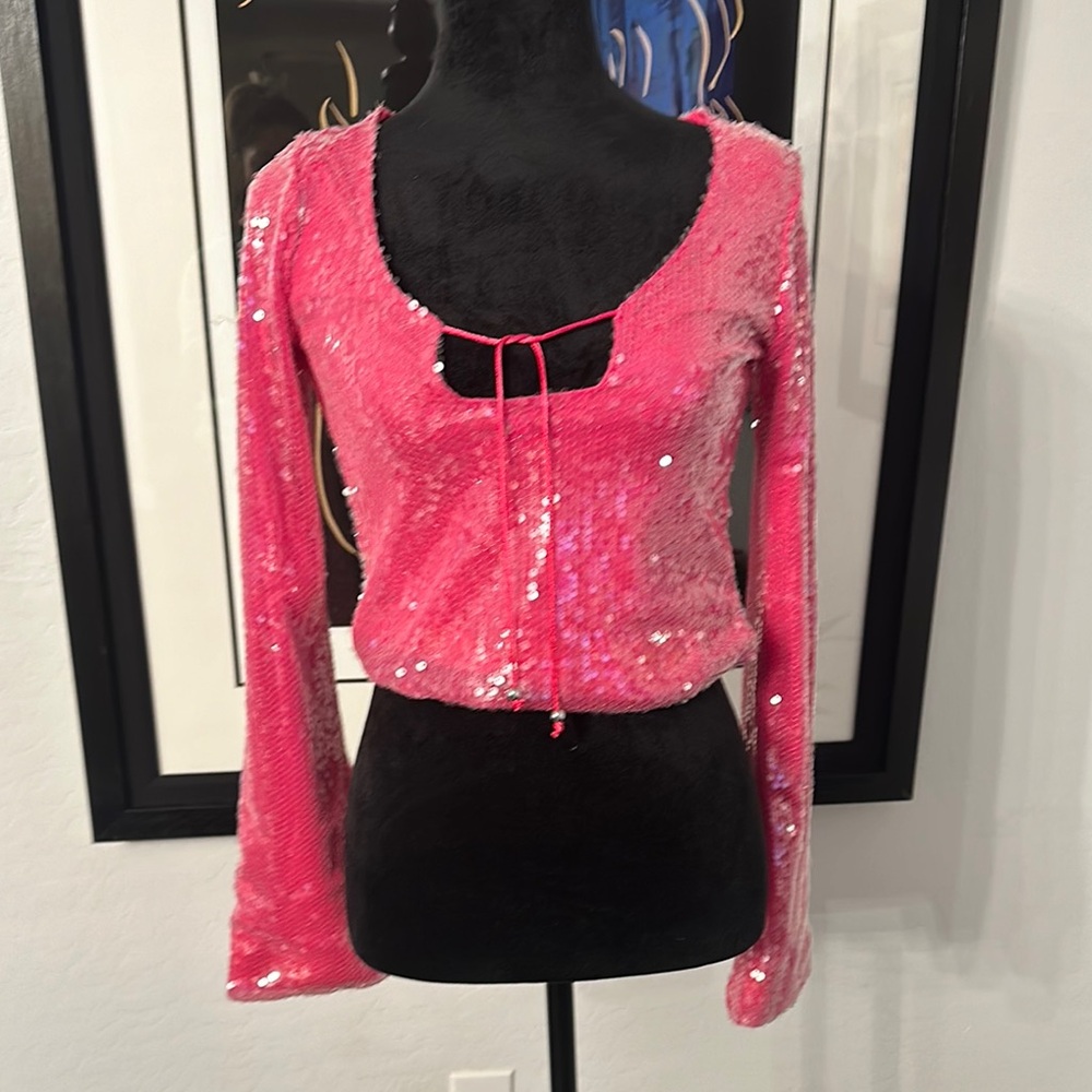 Pink Sequin Tie Front Long Sleeve Blouse
